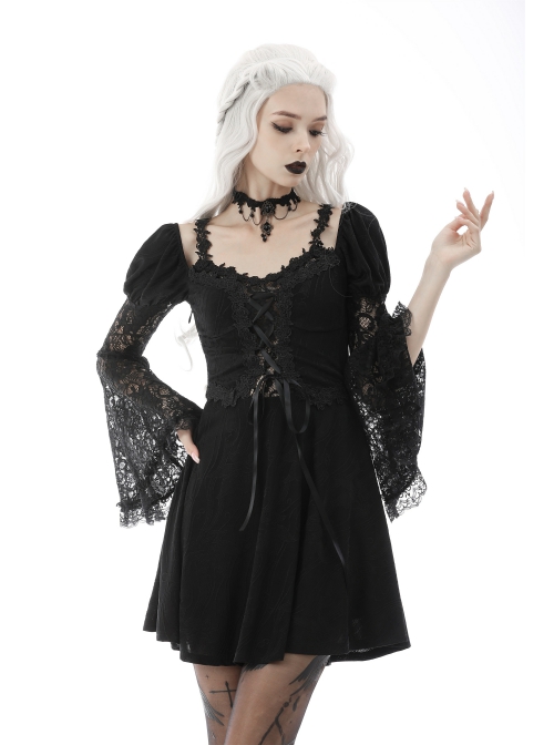 Gothic Fake Two Pieces Sexy Lace Embroidery Wide Mouth Flared Sleeve Design Inside Join Dress