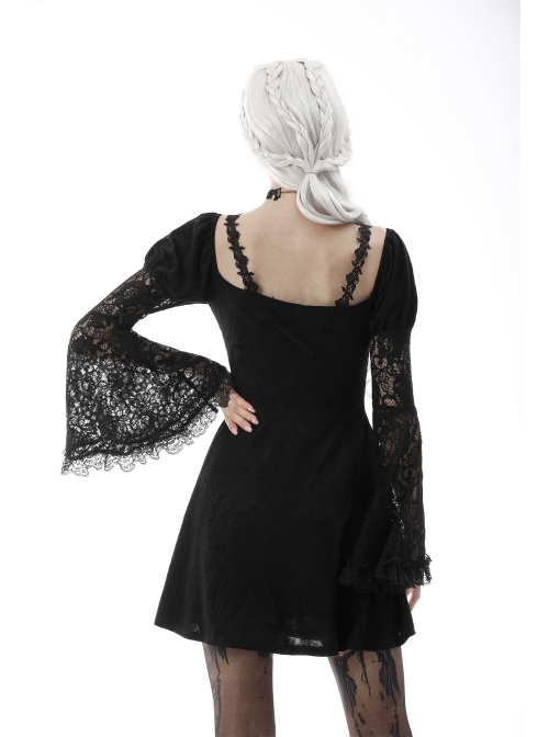 Gothic Fake Two Pieces Sexy Lace Embroidery Wide Mouth Flared Sleeve Design Inside Join Dress
