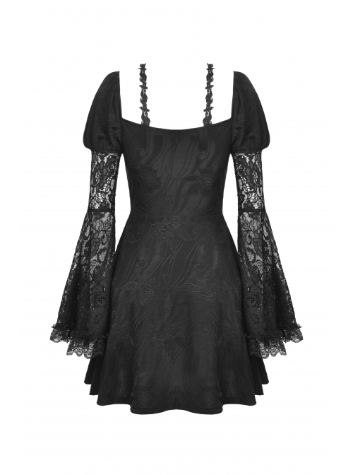 Gothic Fake Two Pieces Sexy Lace Embroidery Wide Mouth Flared Sleeve Design Inside Join Dress