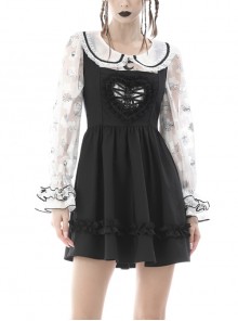 Gothic Heart-Shaped Hollow Out Lace Straps Decorated With Pleated Design Doll Strap Dress