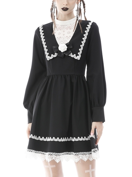 Gothic Black White Fake Two Pieces White Lace Trim Pleated Cuffs With Flowers Preppy Dress