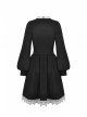 Gothic Black White Fake Two Pieces White Lace Trim Pleated Cuffs With Flowers Preppy Dress