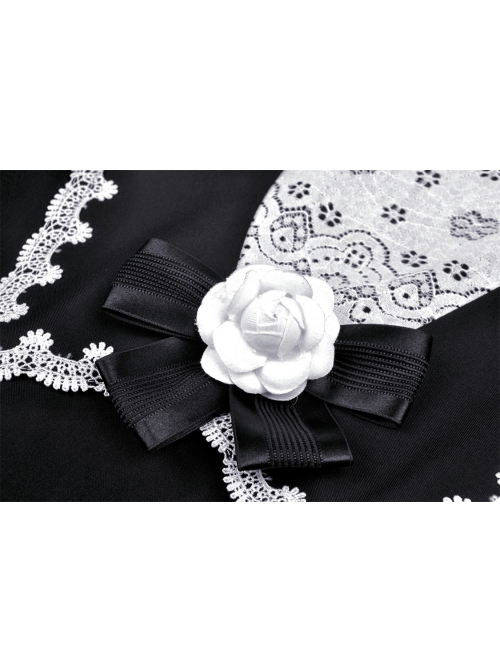 Gothic Black White Fake Two Pieces White Lace Trim Pleated Cuffs With Flowers Preppy Dress