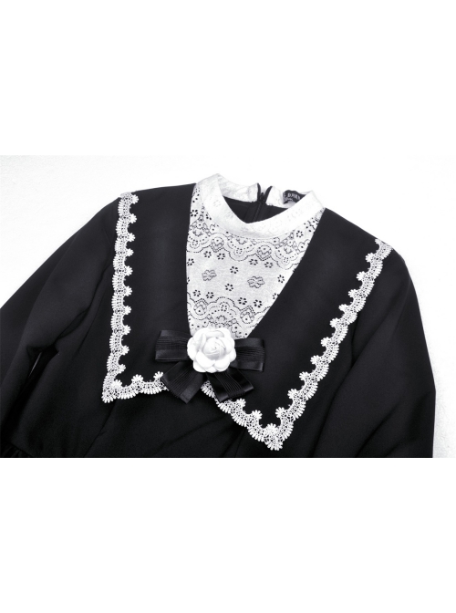 Gothic Black White Fake Two Pieces White Lace Trim Pleated Cuffs With Flowers Preppy Dress