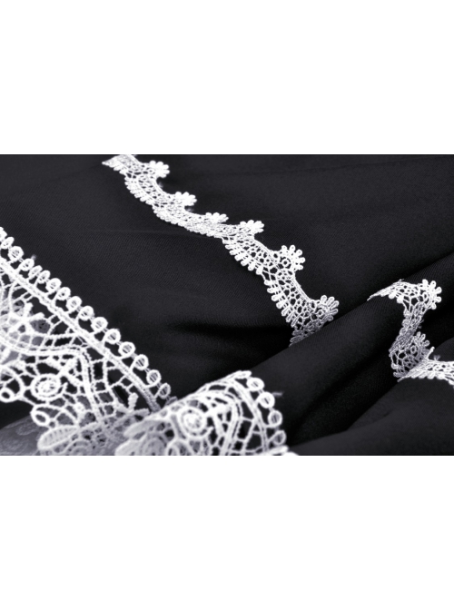 Gothic Black White Fake Two Pieces White Lace Trim Pleated Cuffs With Flowers Preppy Dress
