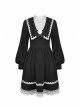 Gothic Black White Fake Two Pieces White Lace Trim Pleated Cuffs With Flowers Preppy Dress