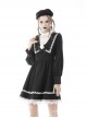 Gothic Black White Fake Two Pieces White Lace Trim Pleated Cuffs With Flowers Preppy Dress