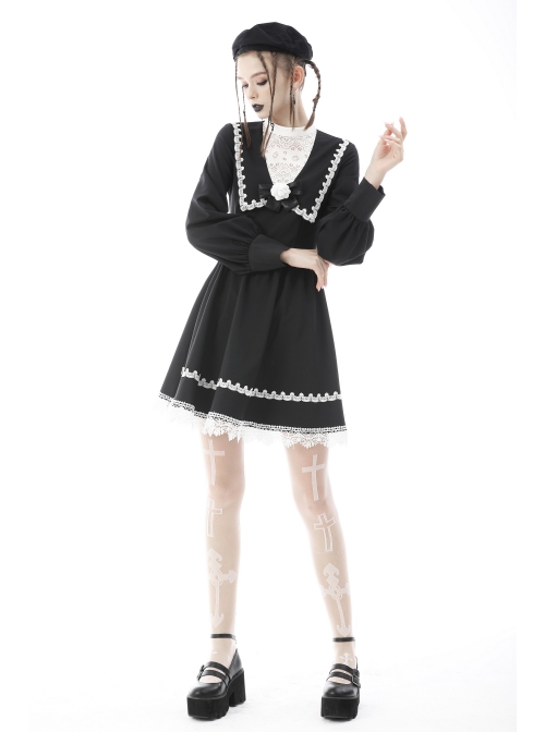 Gothic Black White Fake Two Pieces White Lace Trim Pleated Cuffs With Flowers Preppy Dress
