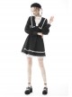 Gothic Black White Fake Two Pieces White Lace Trim Pleated Cuffs With Flowers Preppy Dress