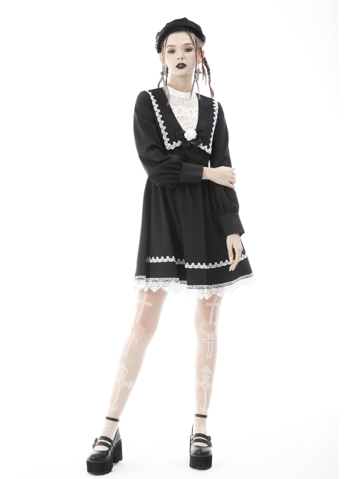 Gothic Black White Fake Two Pieces White Lace Trim Pleated Cuffs With Flowers Preppy Dress