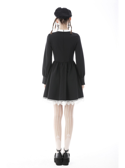 Gothic Black White Fake Two Pieces White Lace Trim Pleated Cuffs With Flowers Preppy Dress