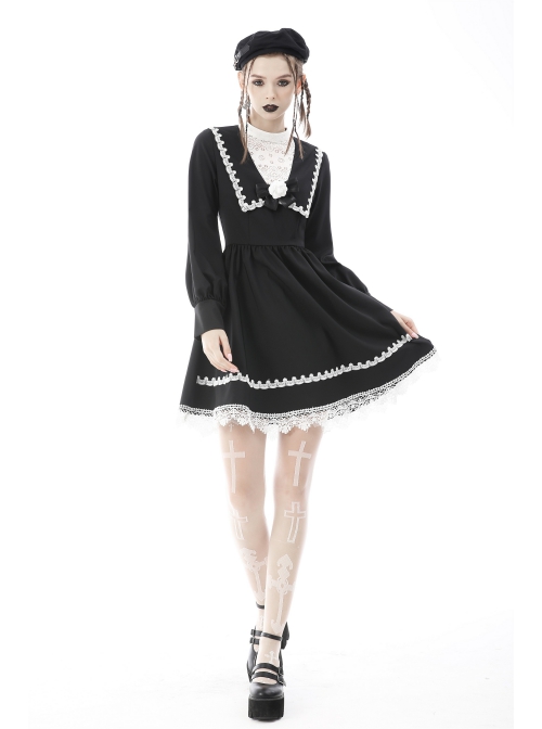 Gothic Black White Fake Two Pieces White Lace Trim Pleated Cuffs With Flowers Preppy Dress
