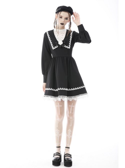 Gothic Black White Fake Two Pieces White Lace Trim Pleated Cuffs With Flowers Preppy Dress