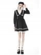 Gothic Black White Fake Two Pieces White Lace Trim Pleated Cuffs With Flowers Preppy Dress