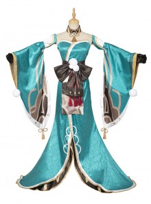 Game Genshin Impact Gorou Women's Wear Shape Miss Hina Halloween Cosplay Costume Cyan Long Dress Set