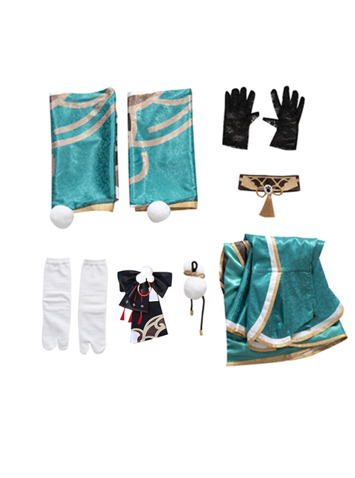 Game Genshin Impact Gorou Women's Wear Shape Miss Hina Halloween Cosplay Costume Cyan Long Dress Set
