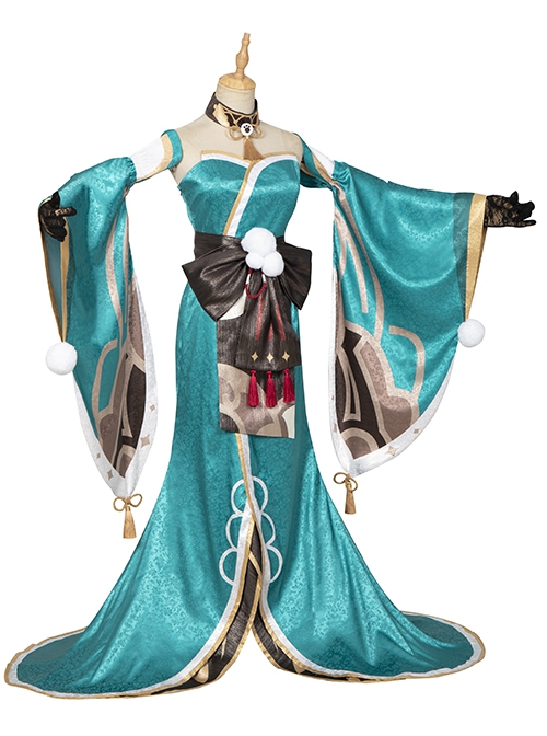Game Genshin Impact Gorou Women's Wear Shape Miss Hina Halloween Cosplay Costume Cyan Long Dress Set