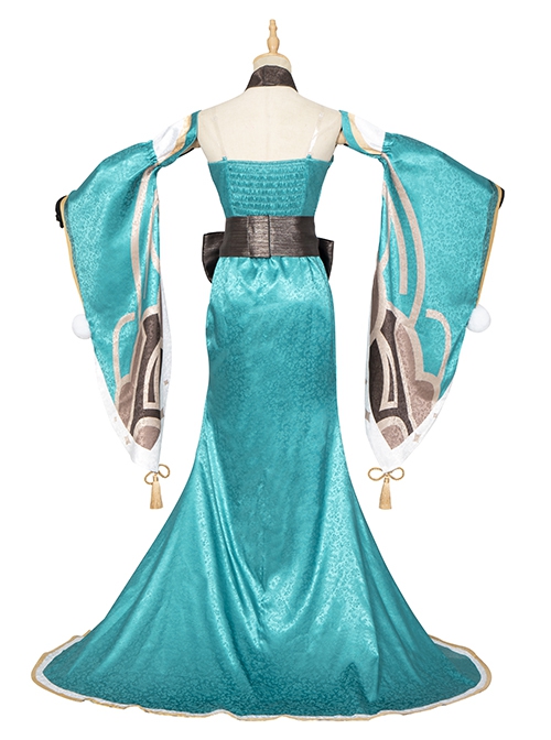 Game Genshin Impact Gorou Women's Wear Shape Miss Hina Halloween Cosplay Costume Cyan Long Dress Set
