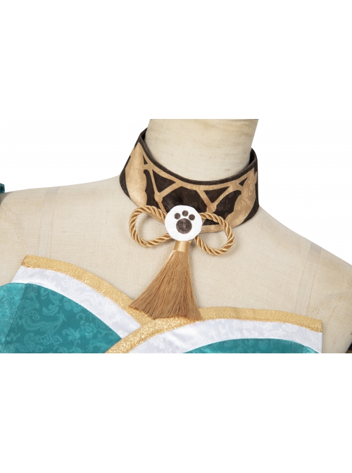 Game Genshin Impact Gorou Women's Wear Shape Miss Hina Halloween Cosplay Costume Cyan Long Dress Set