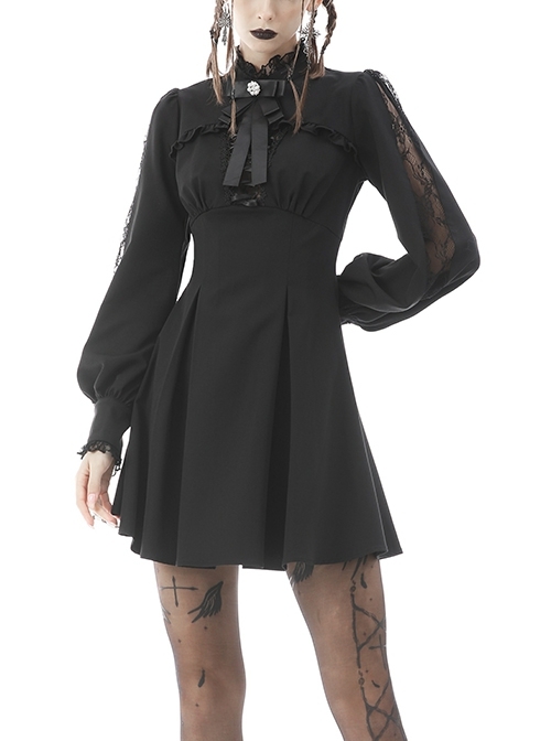 Black Women Ribbon Necktie Chest Cross Strap Decoration Pleated Waist Long-Sleeves Dress