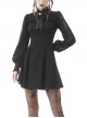 Black Women Ribbon Necktie Chest Cross Strap Decoration Pleated Waist Long-Sleeves Dress