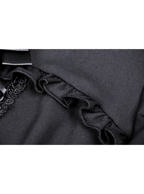 Black Women Ribbon Necktie Chest Cross Strap Decoration Pleated Waist Long-Sleeves Dress