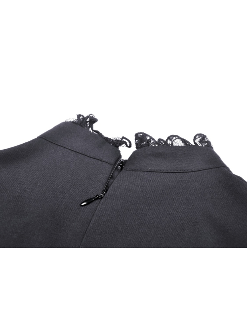 Black Women Ribbon Necktie Chest Cross Strap Decoration Pleated Waist Long-Sleeves Dress