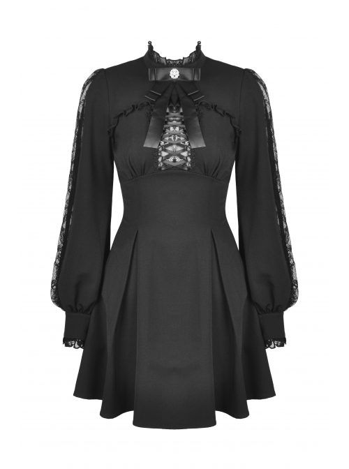 Black Women Ribbon Necktie Chest Cross Strap Decoration Pleated Waist Long-Sleeves Dress