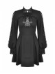 Black Women Ribbon Necktie Chest Cross Strap Decoration Pleated Waist Long-Sleeves Dress
