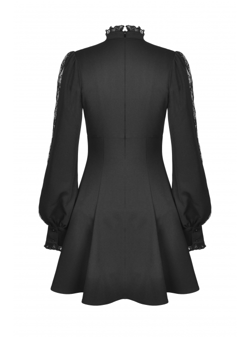 Black Women Ribbon Necktie Chest Cross Strap Decoration Pleated Waist Long-Sleeves Dress