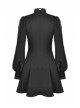 Black Women Ribbon Necktie Chest Cross Strap Decoration Pleated Waist Long-Sleeves Dress