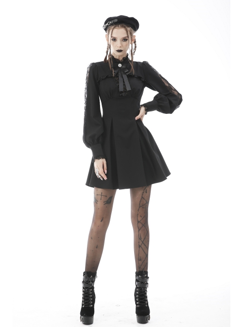 Black Women Ribbon Necktie Chest Cross Strap Decoration Pleated Waist Long-Sleeves Dress