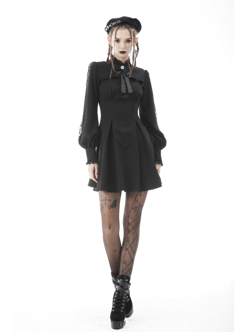 Black Women Ribbon Necktie Chest Cross Strap Decoration Pleated Waist Long-Sleeves Dress