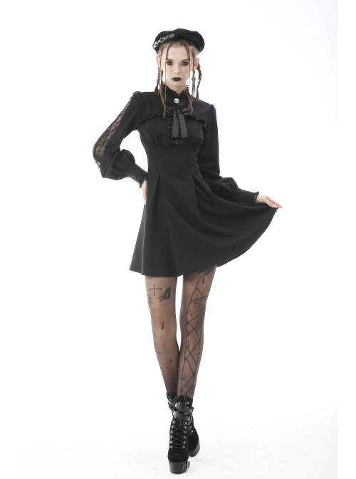 Black Women Ribbon Necktie Chest Cross Strap Decoration Pleated Waist Long-Sleeves Dress