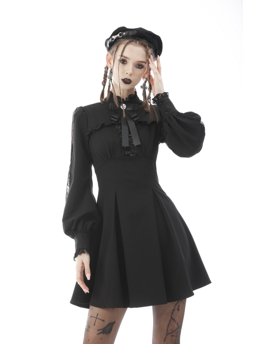 Black Women Ribbon Necktie Chest Cross Strap Decoration Pleated Waist Long-Sleeves Dress