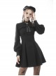 Black Women Ribbon Necktie Chest Cross Strap Decoration Pleated Waist Long-Sleeves Dress