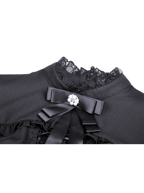 Black Women Ribbon Necktie Chest Cross Strap Decoration Pleated Waist Long-Sleeves Dress