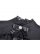 Black Women Ribbon Necktie Chest Cross Strap Decoration Pleated Waist Long-Sleeves Dress