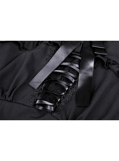 Black Women Ribbon Necktie Chest Cross Strap Decoration Pleated Waist Long-Sleeves Dress