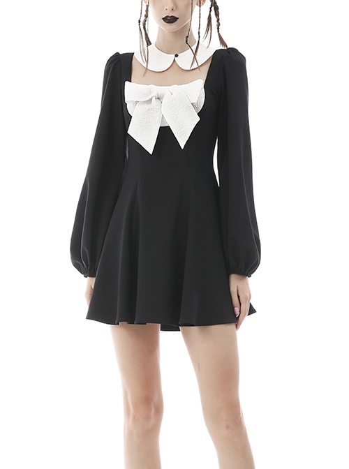 Gothic Lolita Black White Super Bowknot Chest Cutout Design Stand Collar Long Sleeves Dress