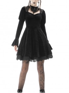 Gothic Velvet Sexy Hollow Chest-High Neckline Button Design Patchwork Lace Print Dress