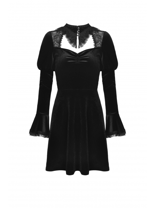 Gothic Velvet Sexy Hollow Chest-High Neckline Button Design Patchwork Lace Print Dress