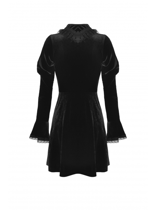 Gothic Velvet Sexy Hollow Chest-High Neckline Button Design Patchwork Lace Print Dress