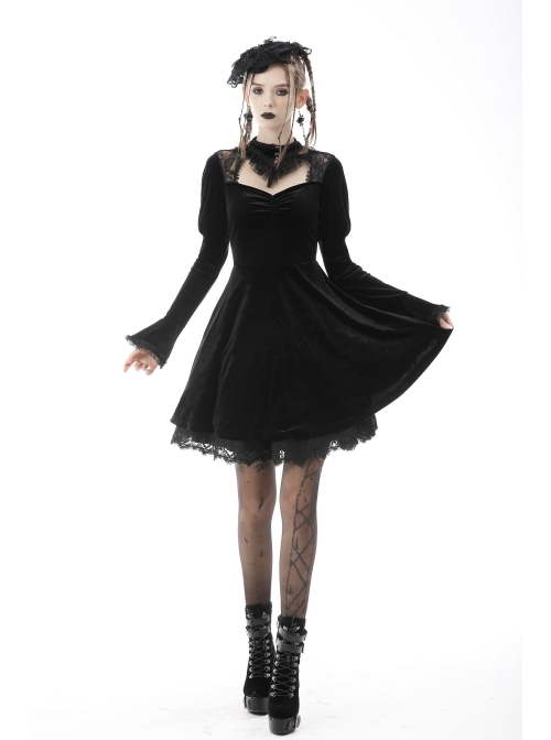 Gothic Velvet Sexy Hollow Chest-High Neckline Button Design Patchwork Lace Print Dress