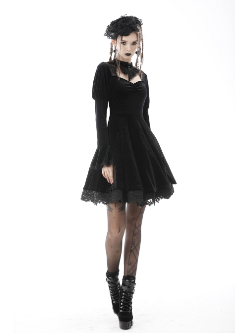 Gothic Velvet Sexy Hollow Chest-High Neckline Button Design Patchwork Lace Print Dress