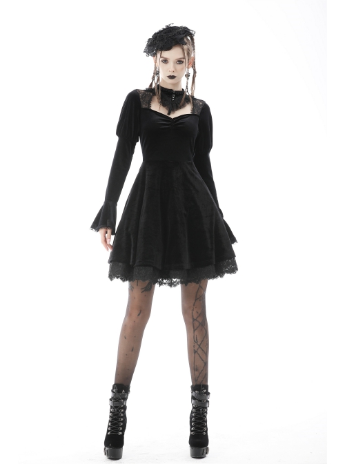 Gothic Velvet Sexy Hollow Chest-High Neckline Button Design Patchwork Lace Print Dress