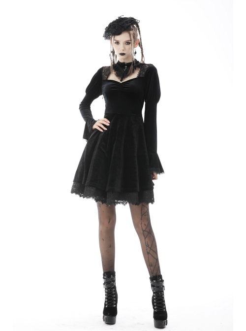 Gothic Velvet Sexy Hollow Chest-High Neckline Button Design Patchwork Lace Print Dress