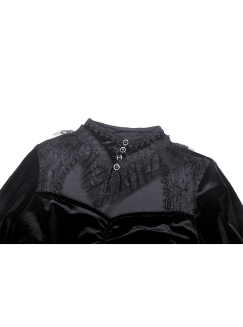 Gothic Velvet Sexy Hollow Chest-High Neckline Button Design Patchwork Lace Print Dress
