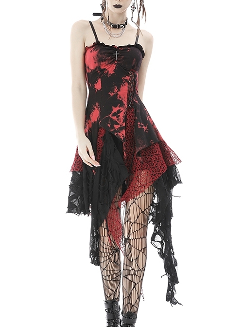 Punk Rock Irregular Net Dye Chest Pleat Design Black Metal Cross Decoration Strap Dress