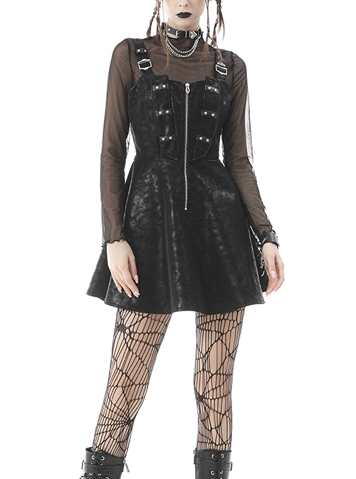 Punk Locomotive Wash Leatherette Strap Metal Zipper Design Round Rivet Decoration Dress